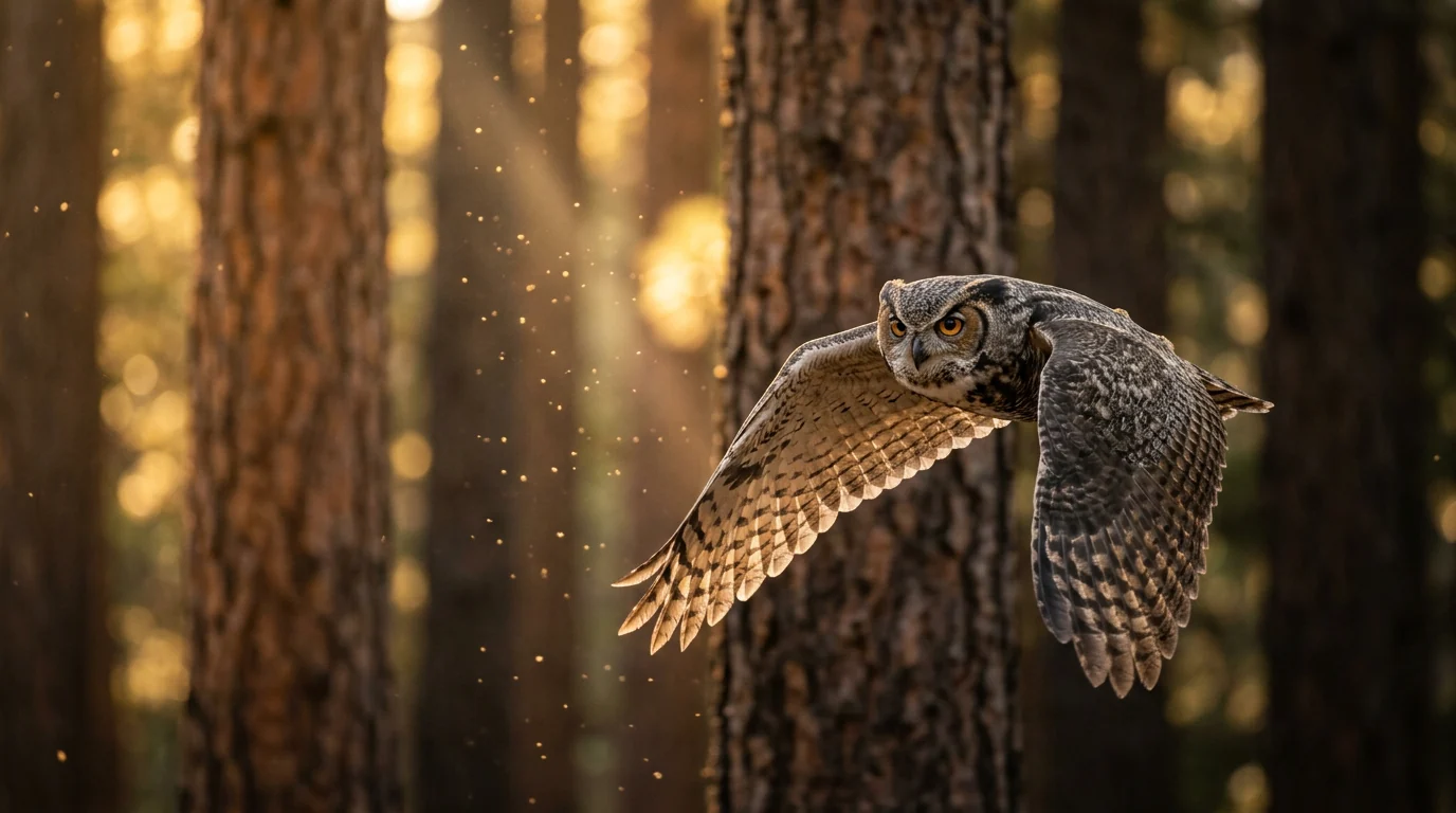 A great horned owl in flight through a golden forest